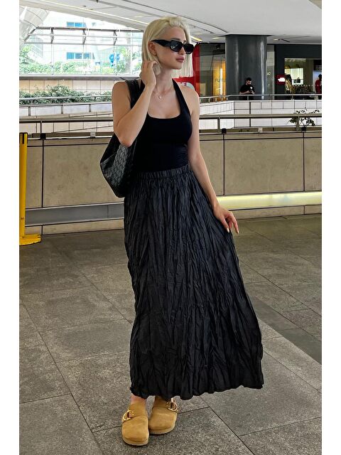 Madmext Füme Beli Lastikli Buruşuk Mikro Uzun Kadın Etek Mg2155 - S000216633-33408