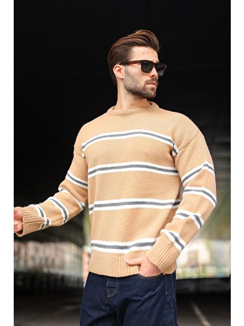 Madmext Camel Çizgili Bisiklet Yaka Triko Erkek Kazak E7457 - S000482621-4557