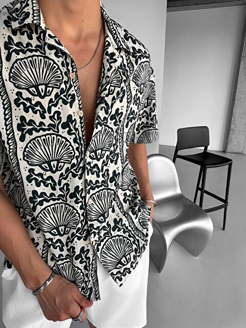 Abluka Online Oversize Keten Görünümlü Desenli Gömlek Siyah - S000240423-19351