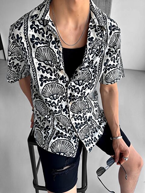 Abluka Online Erkek Oversize Keten Görünümlü Desenli Gömlek Siyah - S000240423-19351