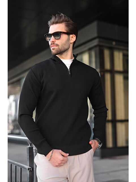 Madmext Siyah Yarım Fermuarlı Dik Yaka Erkek Triko Kazak 7442 - S000482622-19351