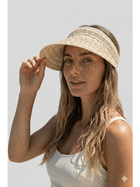 Luminos Butik Hasır Vizör Bej Şapka Geniş Siperlikli Açık Tepeli Yazlık Plaj HSR2127 BEJ