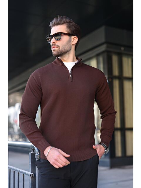 Madmext Kahverengi Yarım Fermuarlı Dik Yaka Erkek Triko Kazak 7442 - S000482622-19413