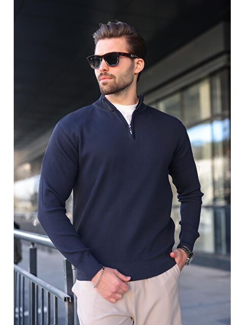 Madmext Lacivert Yarım Fermuarlı Dik Yaka Erkek Triko Kazak 7442 - S000482622-21164