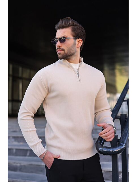 Madmext Taş Rengi Yarım Fermuarlı Dik Yaka Erkek Triko Kazak 7442 - S000482622-25636