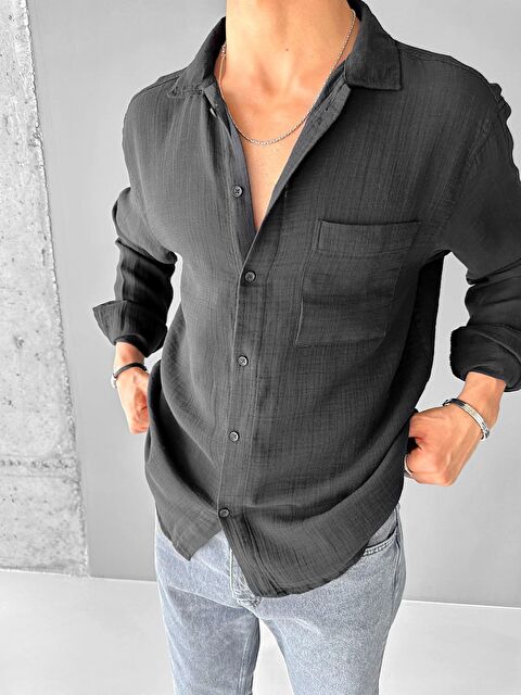 Abluka Online Oversize Fit Uzun Kollu Müslin %100 Pamuk Gömlek Siyah - S000240394-19351