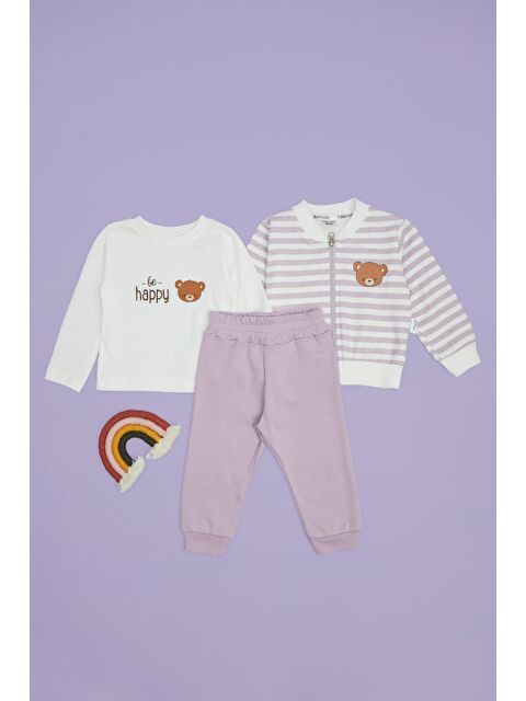 Fullamoda Çizgili Ayıcık Baskılı Kız Çocuk 3 Lü Takım