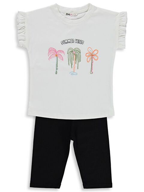 Civil Girls Palmiye Nakışlı 2-5 Yaş Takım - Ekru