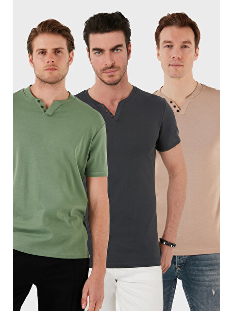 Buratti Pamuklu Düğme Detaylı Slim Fit V Yaka 3'lü Paket %100 Pamuk Tişört 5902122S3 - S000387127-7686