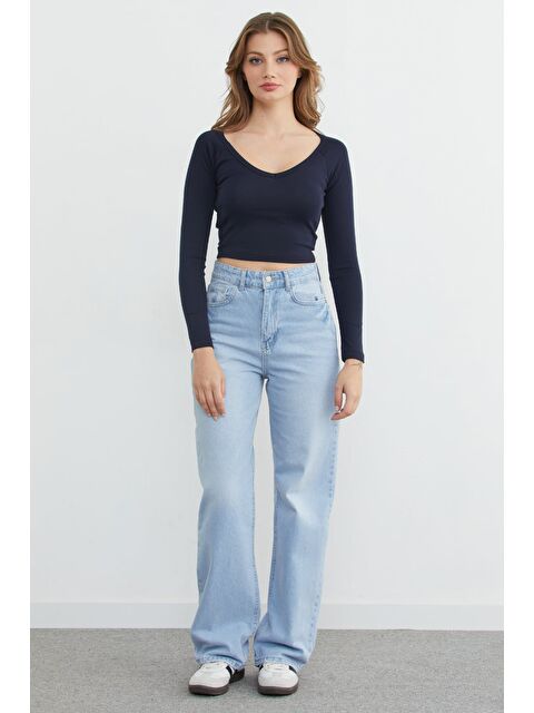 Fullamoda V Yaka Uzun Kol Crop Bluz - S000450116-21164