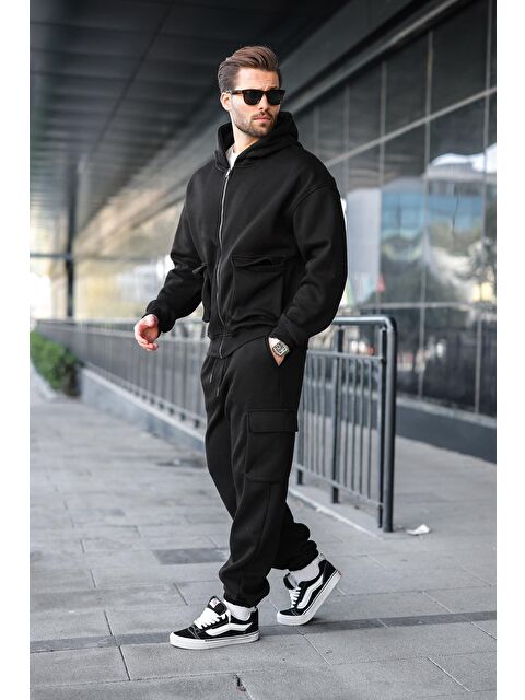 Madmext Siyah Kapüşonlu Kargo Cepli Erkek Eşofman Takımı E7342 - S000482624-19351