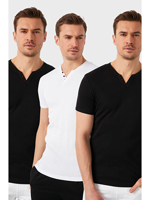 Buratti Pamuklu Düğme Detaylı Slim Fit V Yaka 3'lü Paket %100 Pamuk Tişört 5902122S3 - S000387127-3460