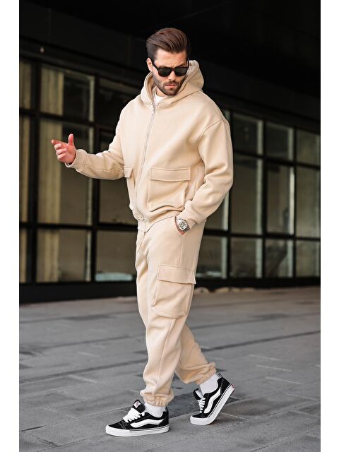Madmext Bej Kapüşonlu Kargo Cepli Erkek Eşofman Takımı E7342 - S000482624-19928