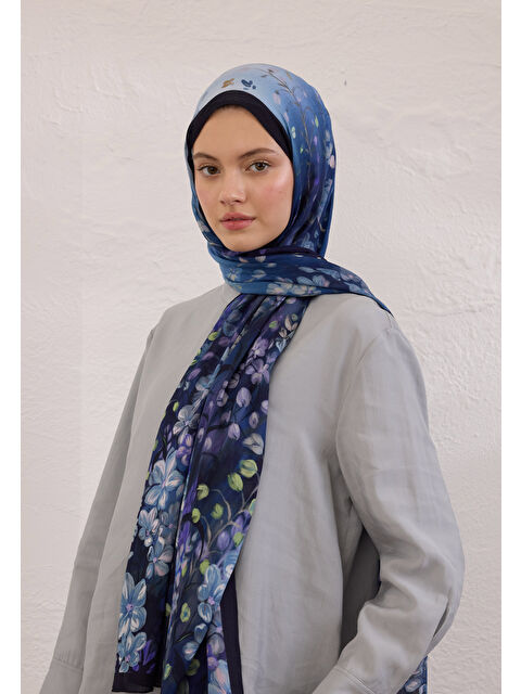 Fresh Scarfs Wısterıa Desen Rami Şal Lacivert - S000420391-21164