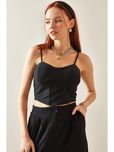 Xhan Siyah Balenli & Askılı Crop Bluz 5YXK2-48201-02 - S000159252-19351