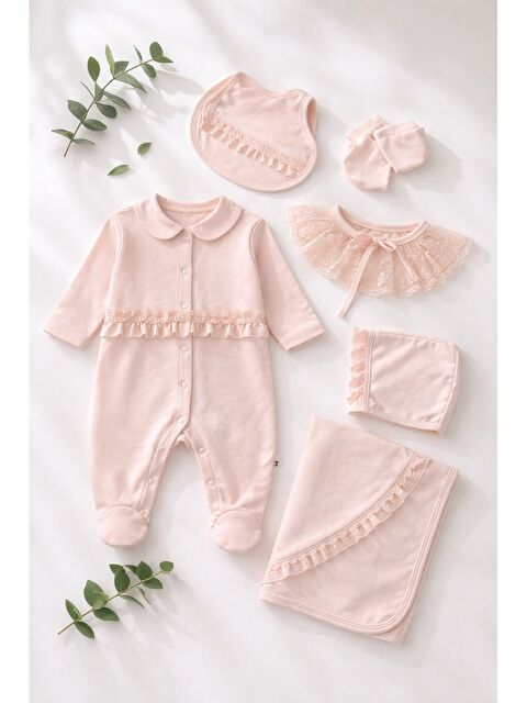 Verona Tarz Kız Bebek 6li Hastane Çıkış Seti Dantelli Yaka Çıkabilir Battaniye Dahil Yenidoğan %100 Pamuk