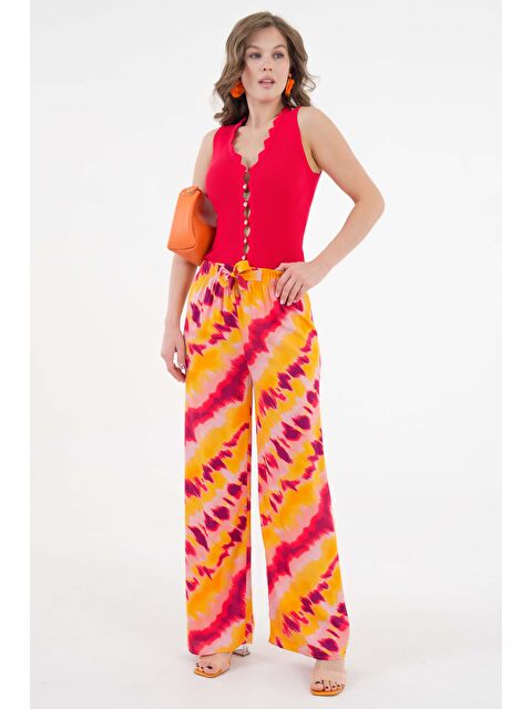 Saade Somon Kadın Desenli Beli Lastikli Bağlamalı Bol Paça Dokuma Pantolon - Viskon