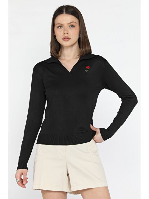 Gülseli Kadın Polo Yaka Gül İşlemeli Triko Bluz - S000374384-19351