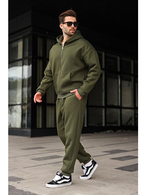 Madmext Haki Çift Fermuarlı Kapüşonlu Eşofman Takımı E7345 - S000482625-18547
