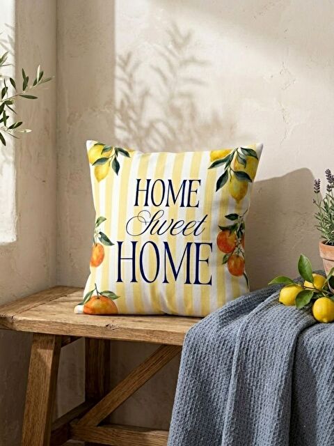 Evmila Home Sweet Home Limon Desenli Çift Taraflı Dijital Baskılı Kadife Kırlent Kılıfı - 43x43 cm