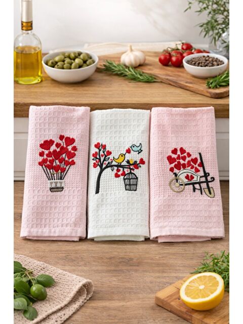 Mulberry 3’lü Nakışlı Waffle Mutfak Havlusu 40x60 cm – Süper Emici & Yumuşak