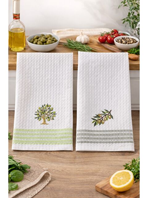 Mulberry 2'li Nakışlı Waffle Mutfak Havlusu 50x70 cm – Süper Emici & Yumuşak