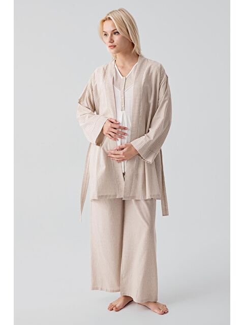 Artış Kısa Kollu Çizgili Düğmeli Dokuma Pamuklu Esnek Viskoz Hamile Sabahlık Pijama Takım 19308 - S000532170-19928