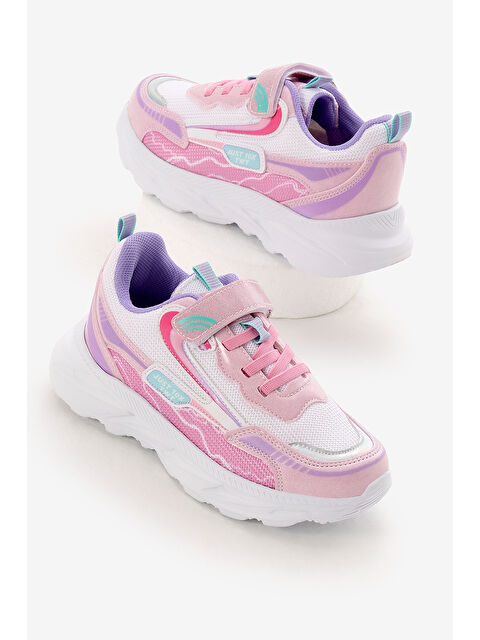 TONNY BLACK Çocuk Unisex Pembe Beyaz EVA Faylon Taban Desenli Cırtlı Lastik Bağcıklı Spor Ayakkabı - S000493888-37390