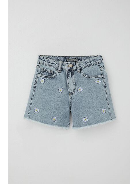 Breeze Kız Çocuk Şort Jean Papatya Nakışlı Paçası Püskül Detaylı Açık Mavi (10-14 Yaş) - S000491434-17437