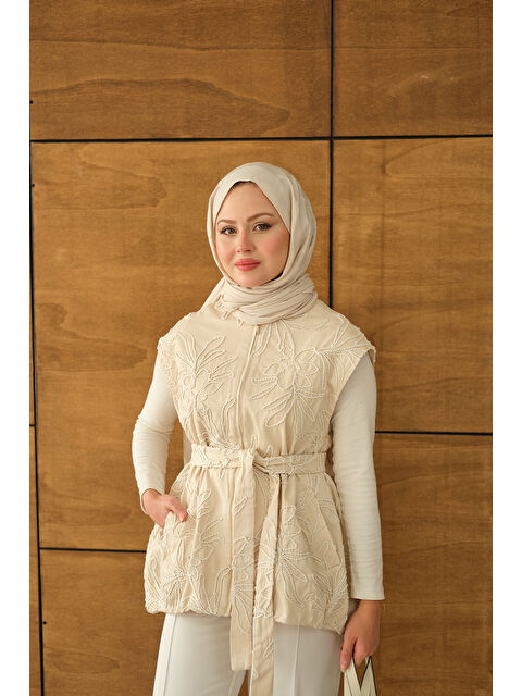 Locco Moda Kadın Gabardin Nakışlı Uzun Yelek Ekru - S000492612-19965