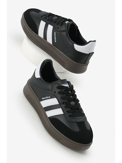 TONNY BLACK Unisex Siyah Beyaz Kalın Termo Taban Yanı Şeritli Bağcıklı Spor Ayakkabı - S000493856-37424