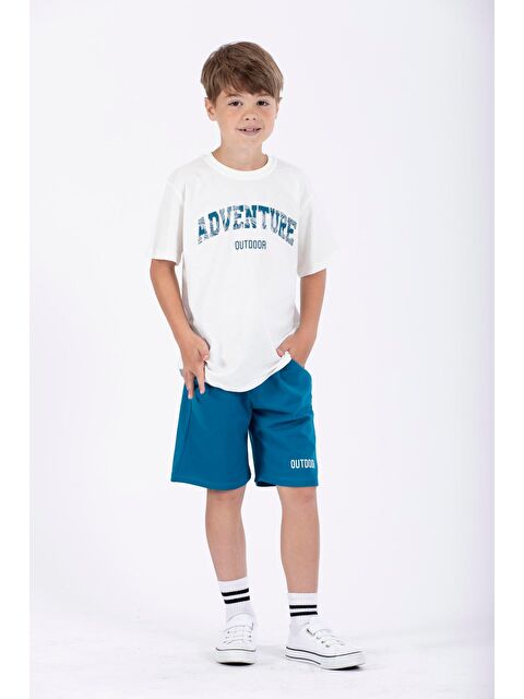 Zepkids Bisiklet Yaka Yazı Baskılı Petrol Mavisi Renk Erkek Çocuk Şortlu Takım - S000356641-20019