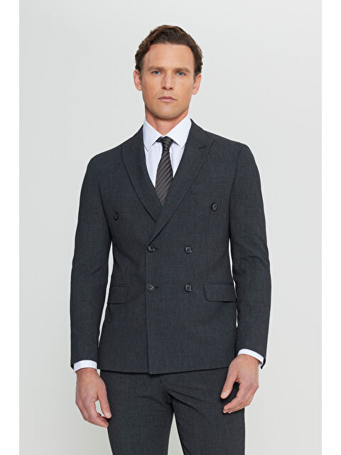 Altınyıldız Classics Erkek Antrasit Slim Fit Dar Kesim Kırlangıç Yaka Desenli Kapak Cepli Esnek Kruvaze Takım Elbise