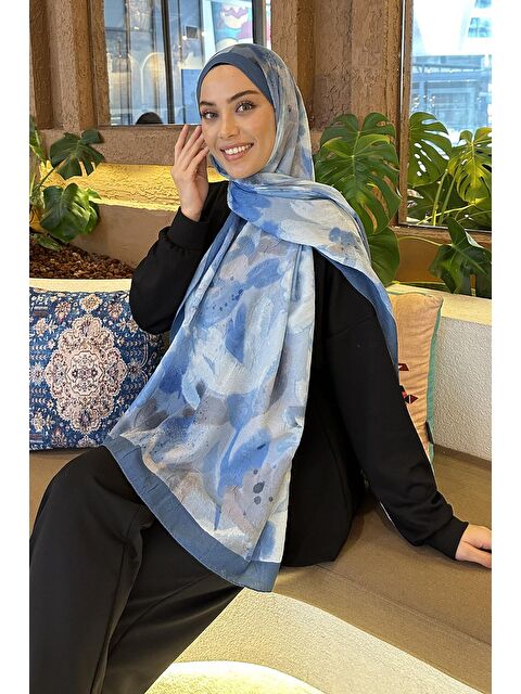 Lamelif Flora Garden Desen Bambu Şal Mavi - S000529579-17234