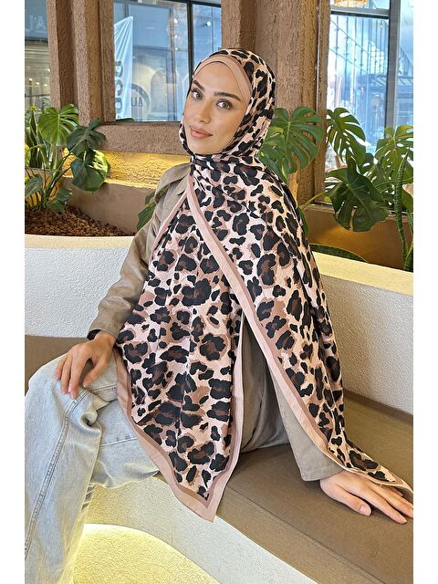 Lamelif Leopar Desen Bambu Şal Camel - S000529662-4557