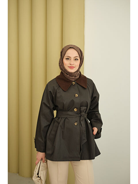 Locco Moda Kadın Yakası Kadife Trenç Kahverengi - S000492607-19413