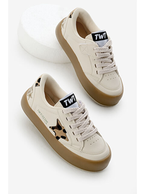 TONNY BLACK Çocuk Unisex Bej Leopar Termo Taban Yıldız Detaylı Bağcıklı ve Cırtlı Spor Ayakkabı - S000493826-37207