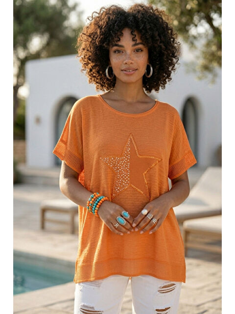 Chiccy Turuncu Yuvarlak Yaka Düşük Kol Etek Ve Kol Ucu File Detaylı Yıldız Aplikeli Dokuma Bluz 65 60