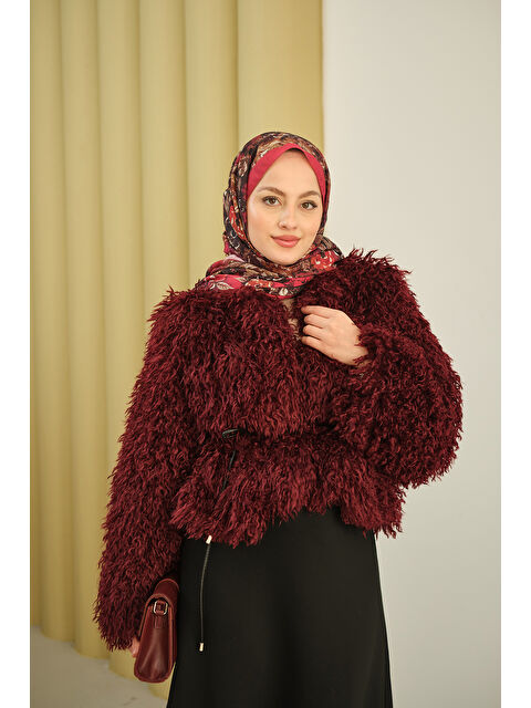 Locco Moda Kadın Kıvırcık Detay Kürk Kaban Bordo - S000492613-19951