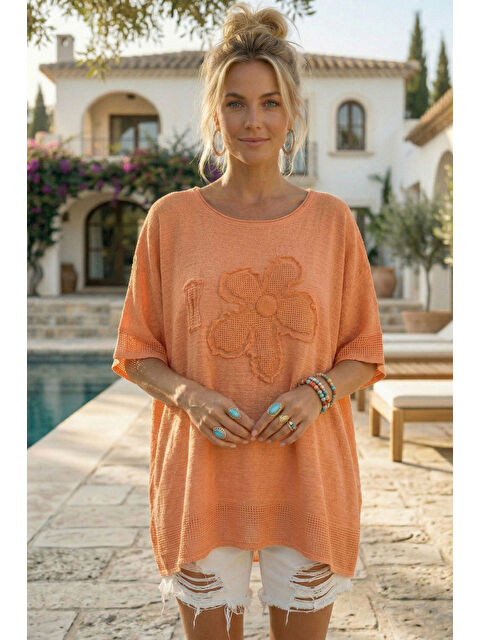 Chiccy Turuncu Yuvarlak Yaka Düşük Kol Etek Ve Kol Ucu File Detaylı Çiçek Aplikeli Dokuma Bluz 65 60