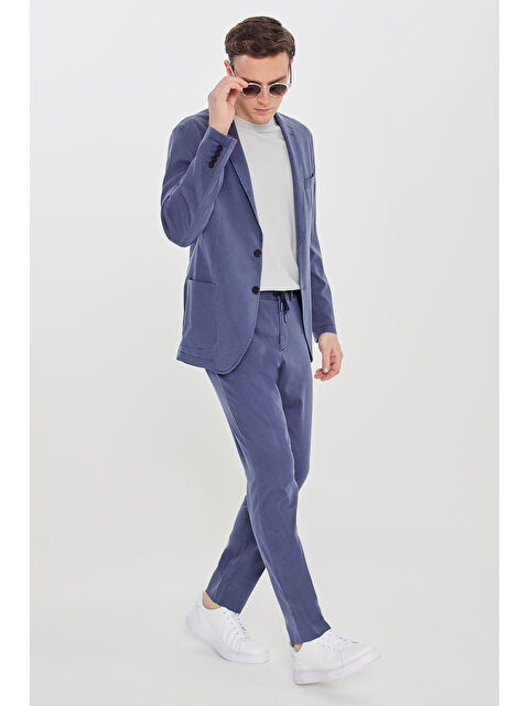 Altınyıldız Classics Erkek Mavi Slim Fit Mono Yaka Beli Bağlamalı Torba Cepli Esnek Takım Elbise