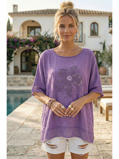 Chiccy Mor Yuvarlak Yaka Düşük Kol Etek Ve Kol Ucu File Detaylı Çiçek Aplikeli Casual Dokuma Bluz 65 60