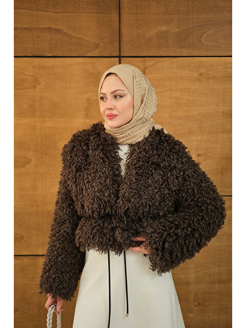 Locco Moda Kadın Kıvırcık Detay Kürk Kaban Kahverengi - S000492613-19413