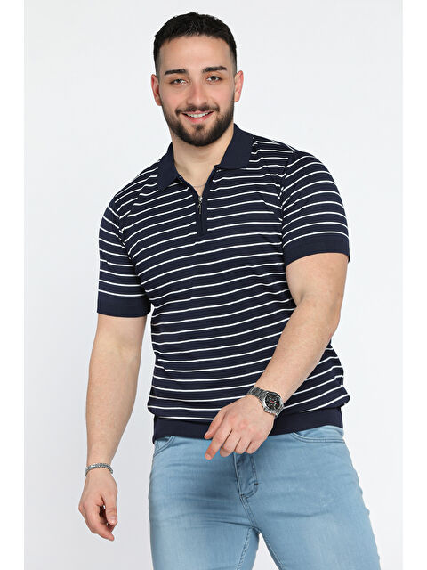 Mishar İtalia Erkek Polo Yaka Çizgi Desenli Yarım Fermuarlı Triko Tişört - S000361384-21164