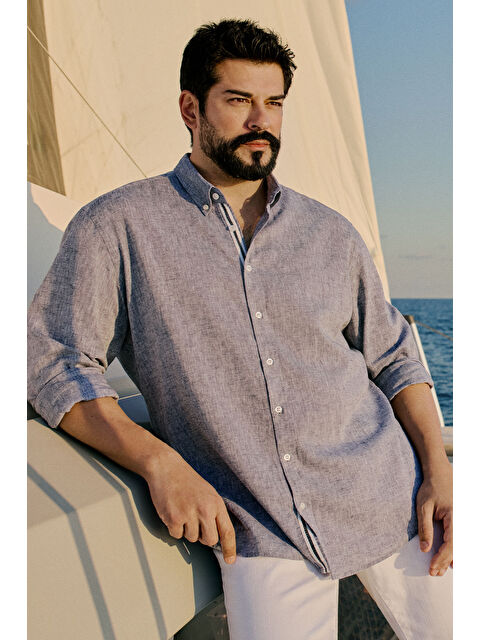 Altınyıldız Classics Erkek Gri Pamuklu Keten Comfort Fit Düğmeli Yaka Armürlü Gömlek