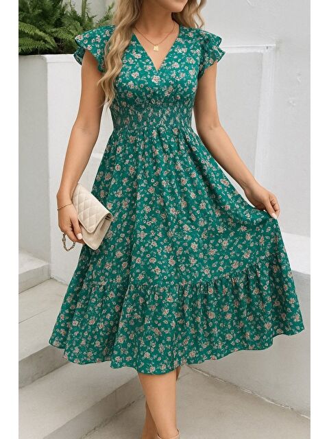 Jane's Kadın Kısa Kollu Kruvaze Yaka Beli Lastikli çiçek Desenli Elbise - S000529059-18194