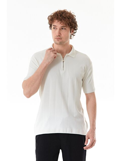 Fullamoda Şeritli Polo Yaka Yarım Fermuarlı Triko Tişört - S000386180-19965