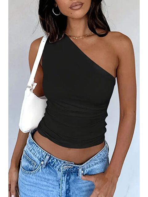 Tarz Cool Kadın Siyah Tek Omuzlu Basic Dar Kesim Slim Fit Bluz - S000420659-19351