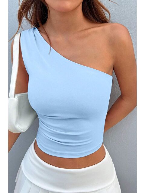 Tarz Cool Kadın Bebe Mavi Tek Omuzlu Basic Dar Kesim Slim Fit Bluz - S000420659-3642