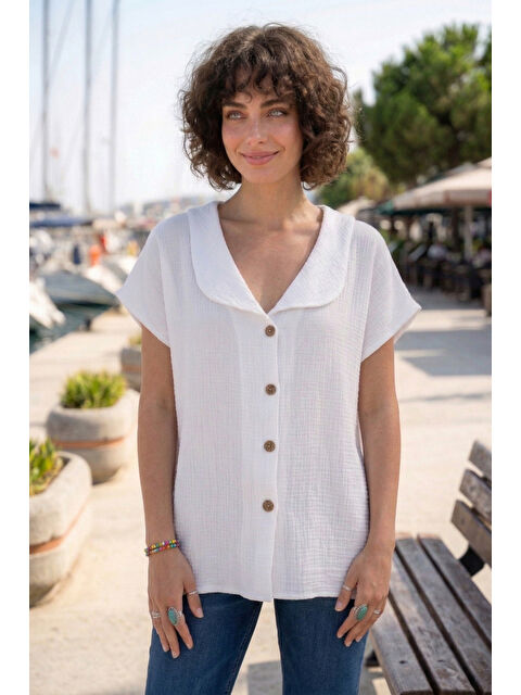 Chiccy Beyaz Bebe Yaka Düşük Kol Düğmeli Casual Müslin Oversize Dokuma Bluz 70 65